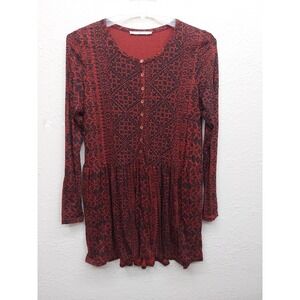 Peruvian Connection Tangier Fretwork Tunic Top Womens Medium Red Button Flowy